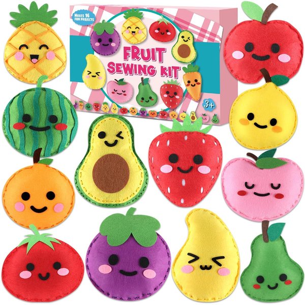 Fruit Sewing Kit for Kids Christmas Sewing Felt Plush Stuffed Ornament Fruit Vegetable Felt DIY Art Craft Kit Food Embroidery Keychain Christmas Gift for Beginner Ages 4+ Educational Learn to Sew