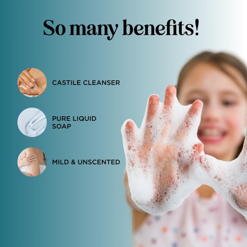 Castile Soap Liquid Unscented Cleanser - Liquid Castile Soap for Dry Sensitive Skin Care Routine and All Purpose Cleaner with Hydrating Glycerin for Hair and Skin - Hair Face and Body Soap Liquid