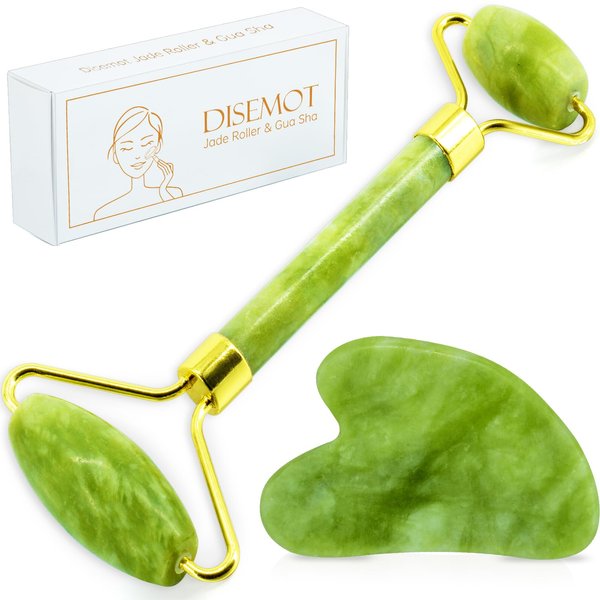 Disemot Jade Roller & Gua Sha Facial Tools, Natural Anti-Aging Jade Beauty Skin-Care Tool Face Roller to Rejuvenate Facial Skin Cooling, Slimming & Firming, Great as Stocking Stuffers