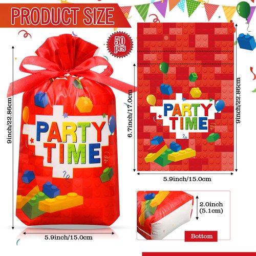 Bulyoou 60 Pcs Building Block Bags Building Blocks Birthday Bags Plastic Bricks Party Favor Bag Bricks Drawstring Candy Bag Bricks Goodie Bag Treat Bag for Gift Birthday Classroom Party Supplies