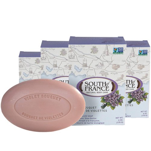 Violet Bouquet Clean Bar Soap by South of France Clean Body Care | Triple-Milled French Soap with Organic Shea Butter + Essential Oils| Vegan, Non-GMO Body Soap | 6 oz Bar ? 4 Pack