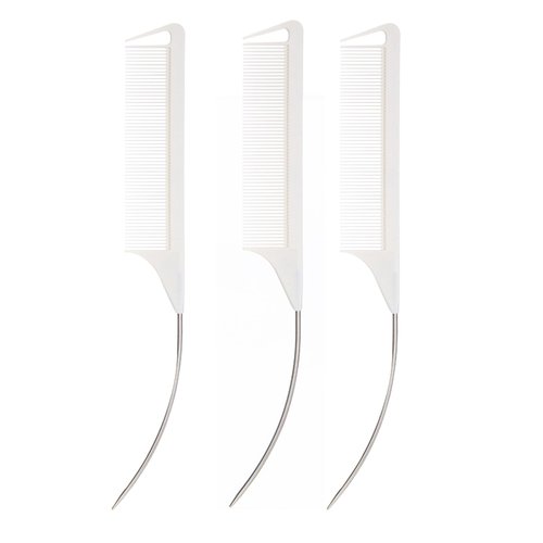 3 Pcs C Curved Rat Tail Combs Parting Rat Combs Teasing Fine Tooth Comb with Bend Steel Needle Carbon Fiber Pin Tail Comb for Hair Styling Tools Hair Comb for Parting Women Barber Girls (White)