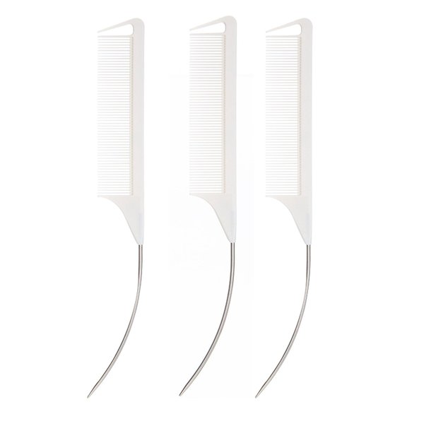 3 Pcs C Curved Rat Tail Combs Parting Rat Combs Teasing Fine Tooth Comb with Bend Steel Needle Carbon Fiber Pin Tail Comb for Hair Styling Tools Hair Comb for Parting Women Barber Girls (White)