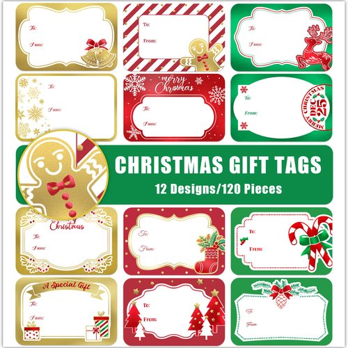 120Pcs Foil Christmas Gift Tags Stickers for Presents, 12 Jumbo Designs, Sooez Self Adhesive to and from Labels, Xmas Peel and Stick Gift Name Tags, Festival Holiday Christmas Wrapping Accessories