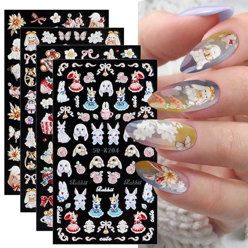 JMEOWIO 3D Embossed Easter Nail Art Stickers Decals Self-Adhesive Pegatinas Uñas 5D Rabbit Cute Egg Carrot Nail Supplies Nail Art Design Decoration Accessories 4 Sheets