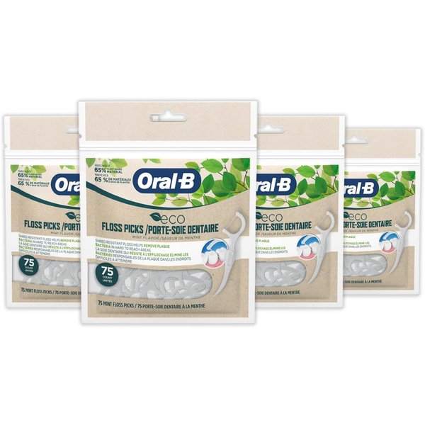 Oral-B eco Sustainable Dental Floss Picks, Mint, 75 Picks (Pack of 4)