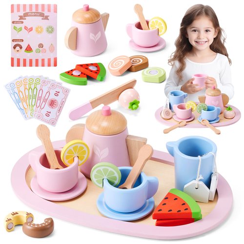 Wooden Tea Party Set, Tea Set for Little Girls 1-3 Toddler Tea Sets for Girls 2-4 with Wooden Toys Food Pretend Play Tea Party Wooden Kitchen Toys Playset Christmas Birthday Gift