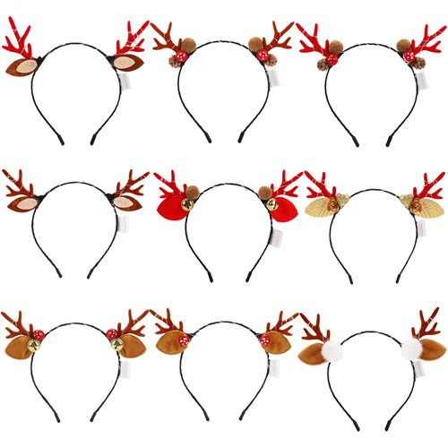 COSYOO LED Christmas Antler Headbands 9PCS Cute Light Up Reindeer Hairbands Hairhoop with Elf Ears Pine Cone Jingle Bells Halloween Christmas Party Decorations Hair Accessories for Girls Adults