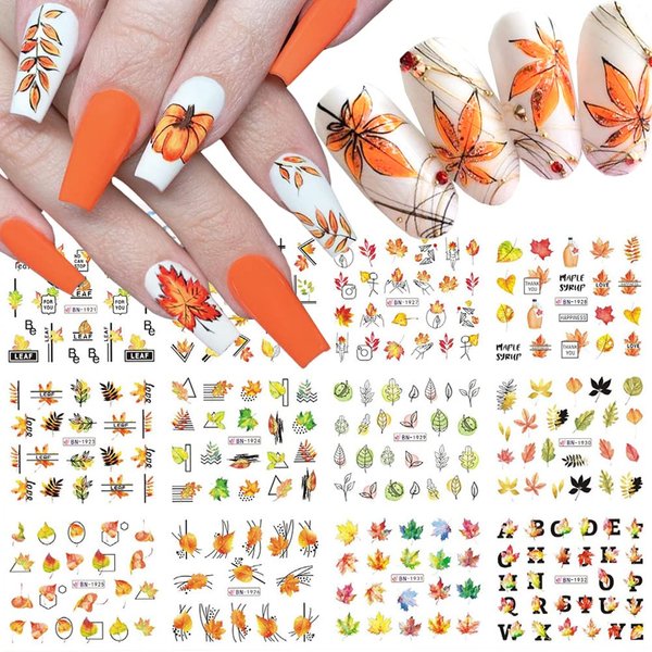 Thanksgiving Fall Nail Stickers Autumn Leaves Nail Art Water Decals Transfer Foils for Nails Supplies Watermark Yellow Maple Alphabet Flower Designs for Women Nail Tattoos Manicure Decorations 12PCS