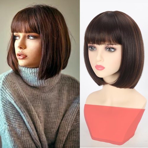 AliRobam Bob Wig with Bangs Short Straight Wigs for Black White Women Mix Brown Heat Resistant Synthetic Fiber Wigs for Daily Party Halloween Cosplay (M4/30)