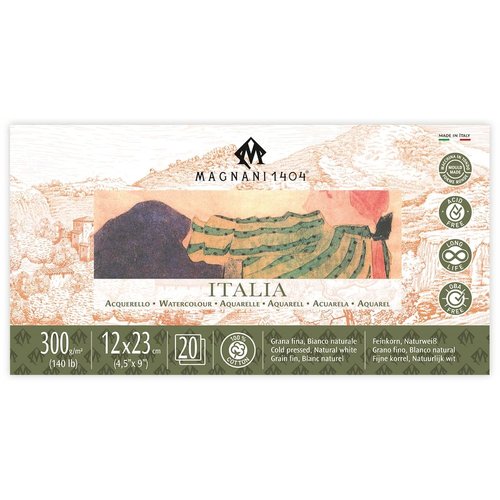 Magnani 1404 Italia Cold Press 100% Cotton Watercolor Paper Pad, 20 Sheets, 4.5x9", 140 lb, Acid-Free, UV Resistant, Deckled Edges, Vegan Sized Water Color Paper for Artists, Made in Italy