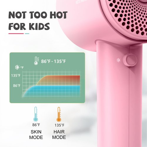 Feekaa Kids Hair Dryer, Portable Mini Blow Dryer with Diffuser, Quiet Small Hair Dryer for Children, Compact Kids Hairdryer with DIY Stickers Lightweight, Boy & Girl Birthday Gift, Pink