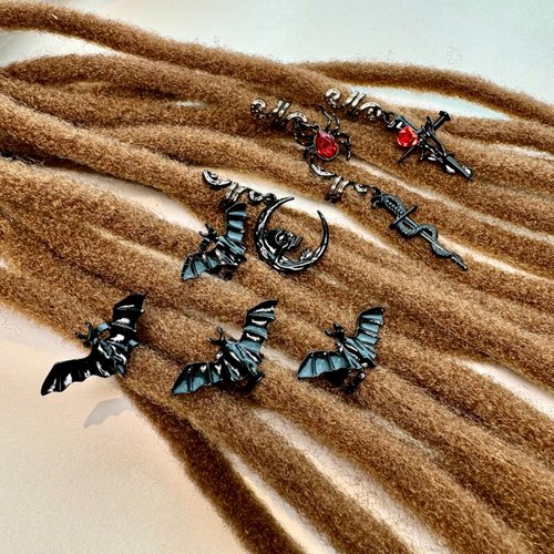 Nutty Natte Halloween Hair Accessory, Dreadlocks Beads, 8 Pcs, Black Alloy Bat, Spider, Snake, Skull, Cross Beads, Hair Clip