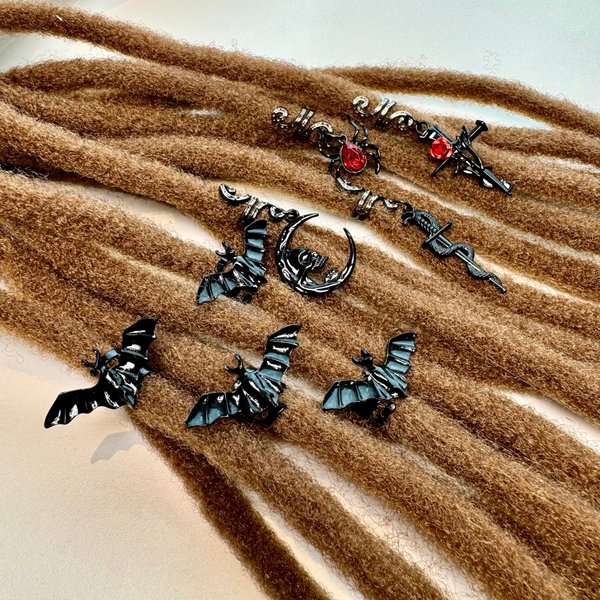 Nutty Natte Halloween Hair Accessory, Dreadlocks Beads, 8 Pcs, Black Alloy Bat, Spider, Snake, Skull, Cross Beads, Hair Clip