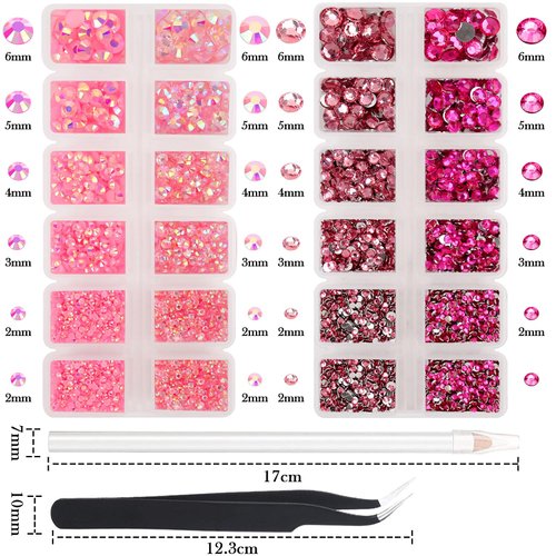AUREHEN 15000PCs 2-6MM Pink Series Resin Flat Back Rhinestones, Round Non Hotfix Jelly & Silver Bottom Resin Rhinestones Nail Gems Stones with Tweezer & Picker Pen for Nail Art Tumblers & DIY Crafts