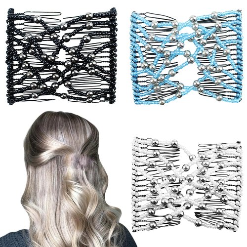 3 Pieces Elastic Magic Hair Comb Clips Stretchy Double Comb Hair Forks for Women Girls Vintage Hairstyle Multipurpose Hair Accessories (Beads Style-White Black Blue)