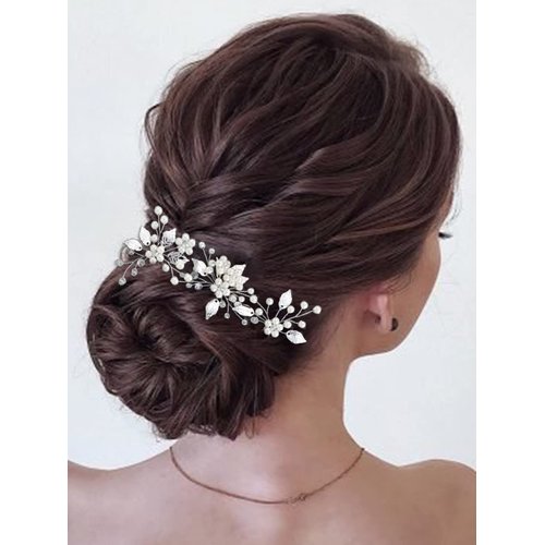 Asooll Pearl Bride Wedding Hair Pins Leaf Bridal Hair Pieces Hair Accessories for Women and Girls (Pack of 3) (Silver)
