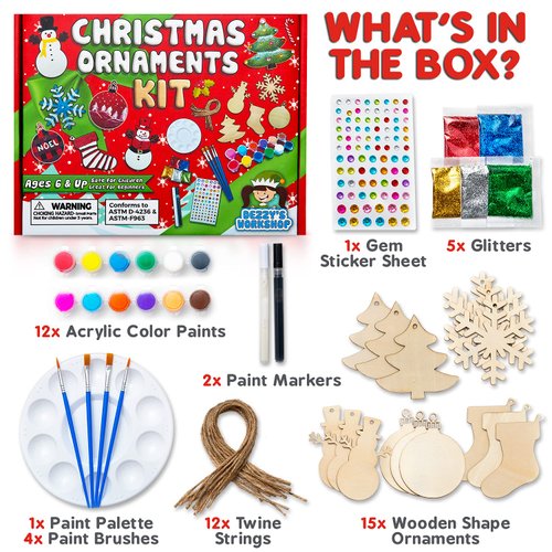 Dezzy's Workshop Christmas Craft Kits - Holiday Crafts for Kids and Adults - Decorate and Paint Your Own Xmas Ornaments - DIY Homemade Ornament Decorating Art Kit - Christmas Crafts Ready to Make