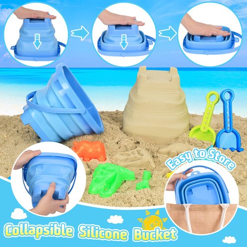 FUSPWEAO Beach Toys, Dinosaur Sand Toys with Dump Truck and Collapsible Beach Bucket, Shovel and Rake, Mesh Bag, Animal Dinosaur Sand Molds, Sand Castle Toys, Sandbox Toys for Toddlers Kids Boys