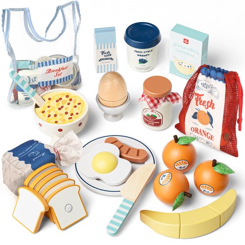 Lehoo Castle Play Food Sets for Kids Kitchen, Wooden Toys Play Kitchen Accessories, Fake Food Pretend Play for Toddlers 3-5, Realistic Food Playset Cutting Fruit Bread Egg Bag, 3 Year Old Girl Gift