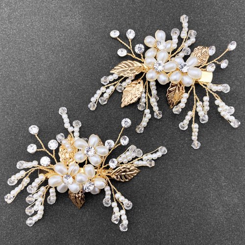 PRETTYLIFE Bridal Crystal Pearl Hair Clips Flower Pearl Gold Leaf Hair Pieces Accessories for Wedding (Pack of 2)