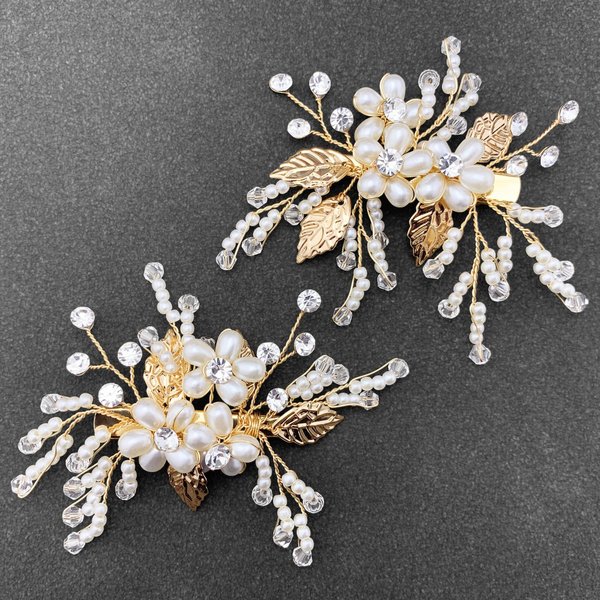 PRETTYLIFE Bridal Crystal Pearl Hair Clips Flower Pearl Gold Leaf Hair Pieces Accessories for Wedding (Pack of 2)