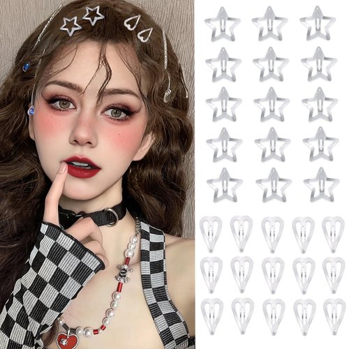 LROEZR Star Hair Clips, 30 PCS 1.22" Non-Slip Hair Accessories for Girls Women 2000s Y2K in Silver Metal (Star + Peach Heart)