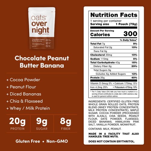 Oats Overnight - Chocolate Peanut Butter Banana - 20g Protein, High Fiber Breakfast Shake - Gluten Free, Non GMO Oatmeal (2.8 oz per meal) (8 Pack + BlenderBottle)