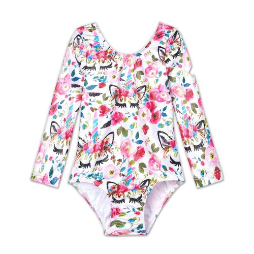 TENVDA Toddler Girls Gymnastics Leotard Size 3t 4t Long Sleeve Tumbling Outfit Sparkly White Floral Unicorn Bodysuits