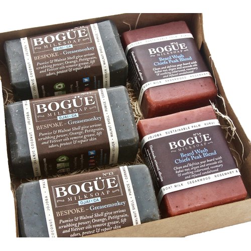 Handmade Goat Milk Soap 5 bar Giftset BOGUE- No.13 & No.14 BESPOKE Greasemonkey Aggregates Remove Grease & Heal and Beard Wash 'Chiefs Peak' Blend to Clean & Defrizz Beards