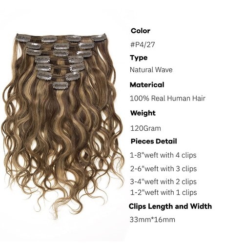 Loxxy Clip in Human Hair Extensions #P4/27 Dark Brown Mixed with Caramel Blonde Natural Wave Real Human Hair Extension 14inch Double Weft 7Pcs/lot And 17 Clips Per Pack 120g/set