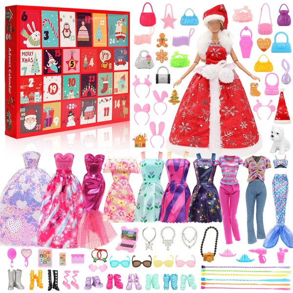 Miunana 11.5 Inch Girl Doll Clothes Christmas Advent Calendar Kit Christmas Countdown Calendar 2024 Gift Box with 57 Pcs Doll Clothes and Accessories Princess Dresses 24 Days Surprises Christmas Box