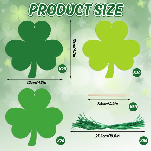 JarThenaAMCS 60Pcs St. Patrick's Day Shamrock Scratch Art Set Green Clover Scratch Paper with Ribbon Wooden Stylus Stick 3 Colors Scratch Off Paper for DIY Craft Irish Party Supplies