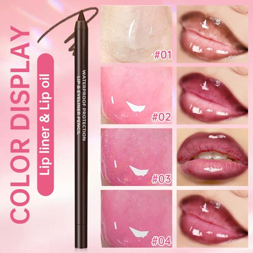HOSAILY 4 Colors Hydrating Lip Oil Plumping + Lip Liner Set, Shiny Glow Long-Lasting Lip Care Oil, Moisturizing Big Brush Head Clear Pink Glitter Transparent Lip Gloss Combo Makeup Present for Women