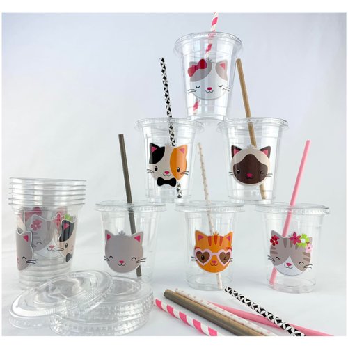 Kids Party Cups Set, Cute Cat-Themed Disposable Drinkware, 12 Ounce Party Supplies, Ideal for Birthday, Baby Shower