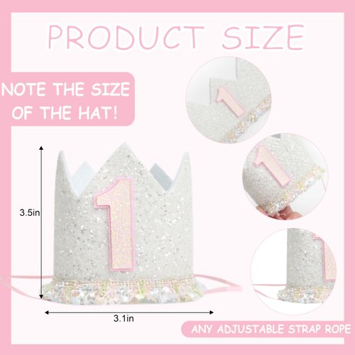 White 1st Birthday Crown For Girls，Glitter Boho 1st Birthday Crown，Milky White 1st Birthday Hat For Girls，Pink And White First Birthday Party Hat，Natural Boho Decorations For Baby's First Birthday