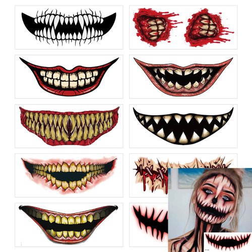 Halloween Tattoos Face Tattoo Sticker Big Mouth Fake Tattoos Halloween Clown Horror Mouth Sticker Decals for Men Women Kids Cosplay Accessories 10 Sheet Halloween Party DIY Decorations Makeup Kit