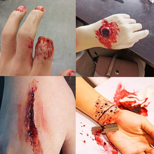 MEICOLY Scar Wax Kit(1.67Oz),Fake Blood Special Effects Scab Coagulated Blood Gel(1.06Oz),Fake Wound Molding Modeling Scar Wax with Spatula,SFX Halloween Stage Makeup Skin Wax,02
