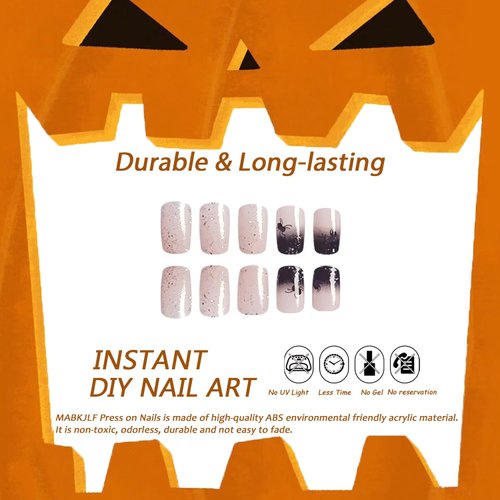 Halloween Press on Nails Medium Square MABKJLF Black Gradient Fake Nails Glitter False Nails with Spider Designs Glossy Glue on Nails Artificial Nails for Women Girls 24 Pcs