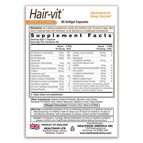 Hair VIT 90 Caps, Once Daily, Vital Nutrients for Strong, Thick, & Shiny Hair, Rich in B-Vitamins & Essential Amino Acids