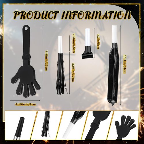 ZCYSRLQIN 36 Pcs New Years Eve Party Noisemakers Supplies New Year Party Kit Includes 12 Hand Clappers 12 Plastic Blowers 12 Metallic Fringed Party Blowers for 2025 New Years Party Supplies (Black)