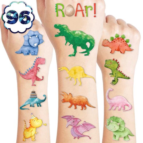 100 PCS Watercolor Dinosaur Temporary Tattoos Birthday Party Decorations Favors Supplies Dino Themed T Rex Three Rex Pink Colorful Decor Stickers Gifts For Girls Boys Classroom School Prizes Reward