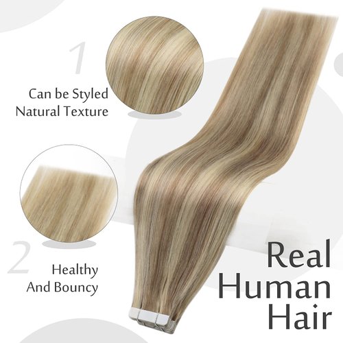 Full Shine Tape in Extensions Golden Blonde Highlighted Medium Blonde 14 Inch Tape in Human Hair Extensions 50 Gram 20pcs Seamless Remy Straight Hair Real Natural Hair Double Sided Tape