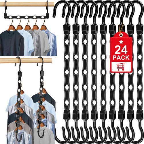 24 Pack Hangers Space Saving Magic Sturdy Space Saver Storage Smart Plastic Clothes Hanger Organizer Closet Organizers and Storage for Closet Wardrobe Apartment College Dorm Room Essentials, Black