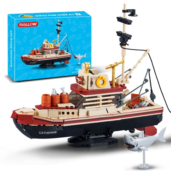 TIALLOW City Jaws Sets - Fishing Boat Building Blocks, Ship Building Kit Toy Model, Includes Shark, Fishing Rods, Christmas Birthday Gift for Adults,Boys and Girls Ages 6 and Up (592 Pieces)