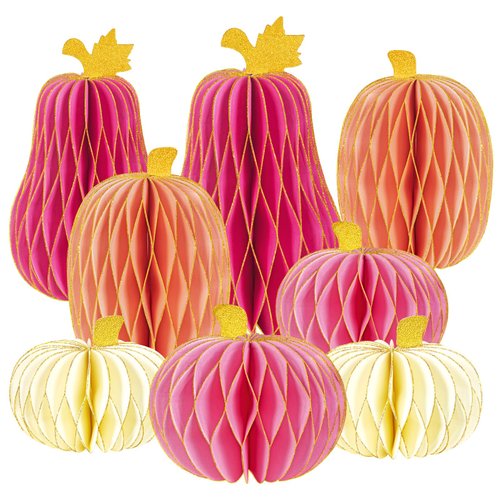 8PCS Paper Pumpkin Decorations Pumpkin Honeycomb Centerpiece Pinkish Purple Tissue Paper Honeycomb Tabletop with Glitter Pumpkin Fall Party Supplies for Baby Shower Girl Birthday Party Supplies