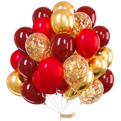PartyWoo Red and Gold Balloons, 60 pcs Burgundy Balloons, Ruby Red Balloons, Gold Confetti Balloons, Gold Metallic Balloons for Red and Gold Party Decorations, Burgundy Party Decorations
