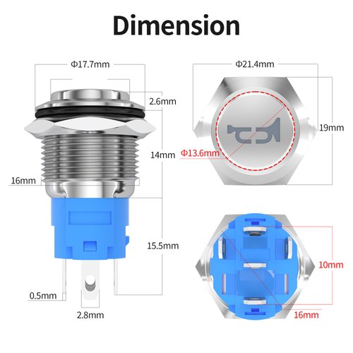 DaierTek Horn Button Switch 12 Volt Momentary Push Button Switch 12V Air Horn Button Switch Speaker LED Stainless Steel 16mm Metal Switch for Automotive Car Marine Boat Train