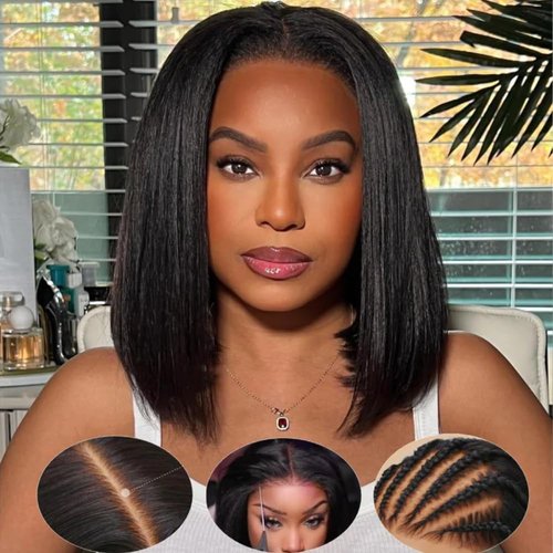 KLAIYI Yaki Straight Bob Wigs Human Hair Bye Bye Knots Glueless Wig Pre Cut 7x5 Lace Front Wigs for Women Pre Bleached Pre Plucked Put On and Go Wig Easy to Wear Short Kinky Wigs with Baby Hair 12Inch