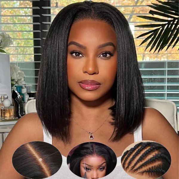 KLAIYI Yaki Straight Bob Wigs Human Hair Bye Bye Knots Glueless Wig Pre Cut 7x5 Lace Front Wigs for Women Pre Bleached Pre Plucked Put On and Go Wig Easy to Wear Short Kinky Wigs with Baby Hair 12Inch